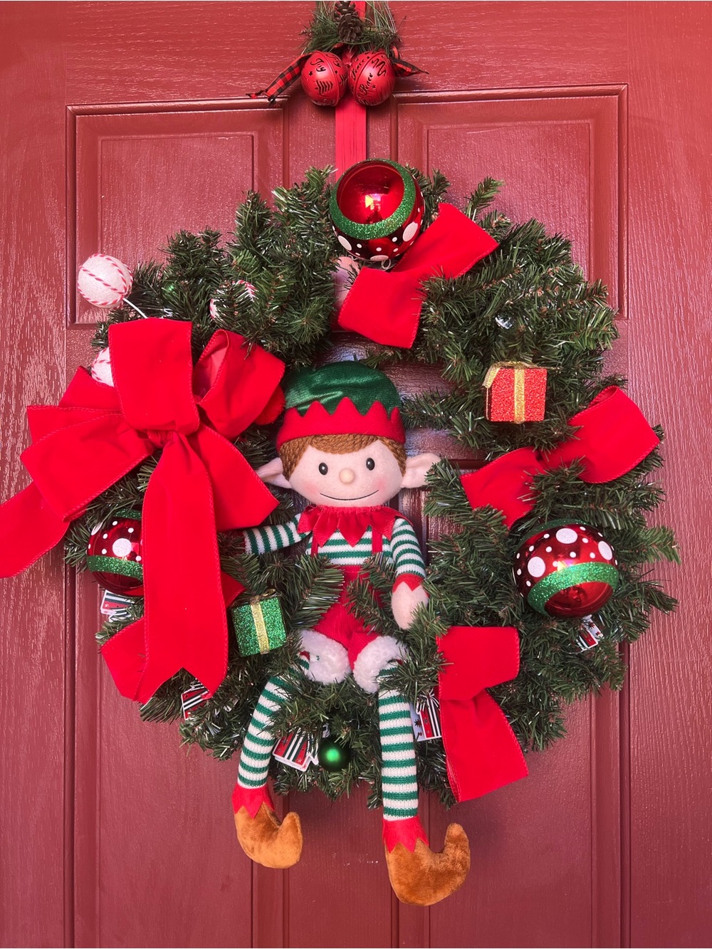Holiday Elf Door Wreath - Red & Green Christmas Decor